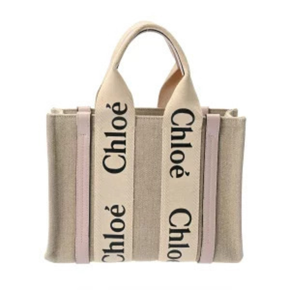 Chloe Woody Tote Bag Cement Pink Canvas Calf Leather